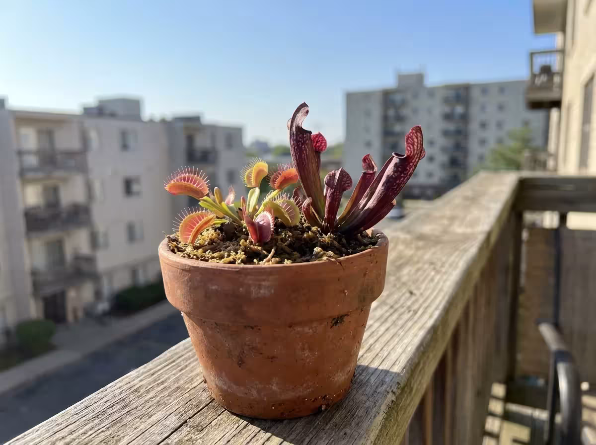 A Venus Flytrap and Pitcher Plant in a terracotta pot on a sunny apartment balcony with a city view.