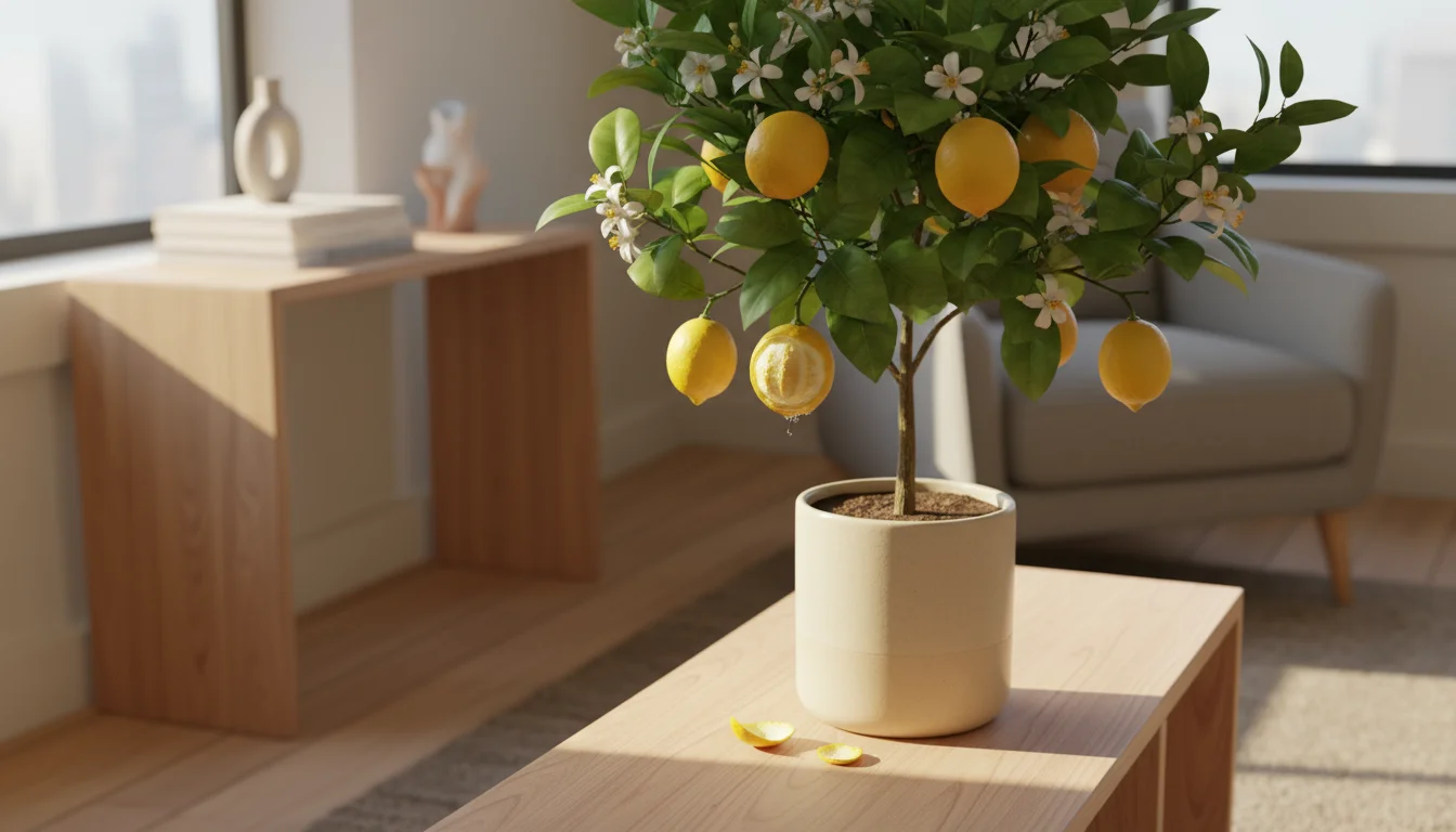 Eye-level view of a compact Meyer lemon tree in a ceramic pot. Ripe yellow lemons and white blossoms are visible, with one lemon having a peeled secti