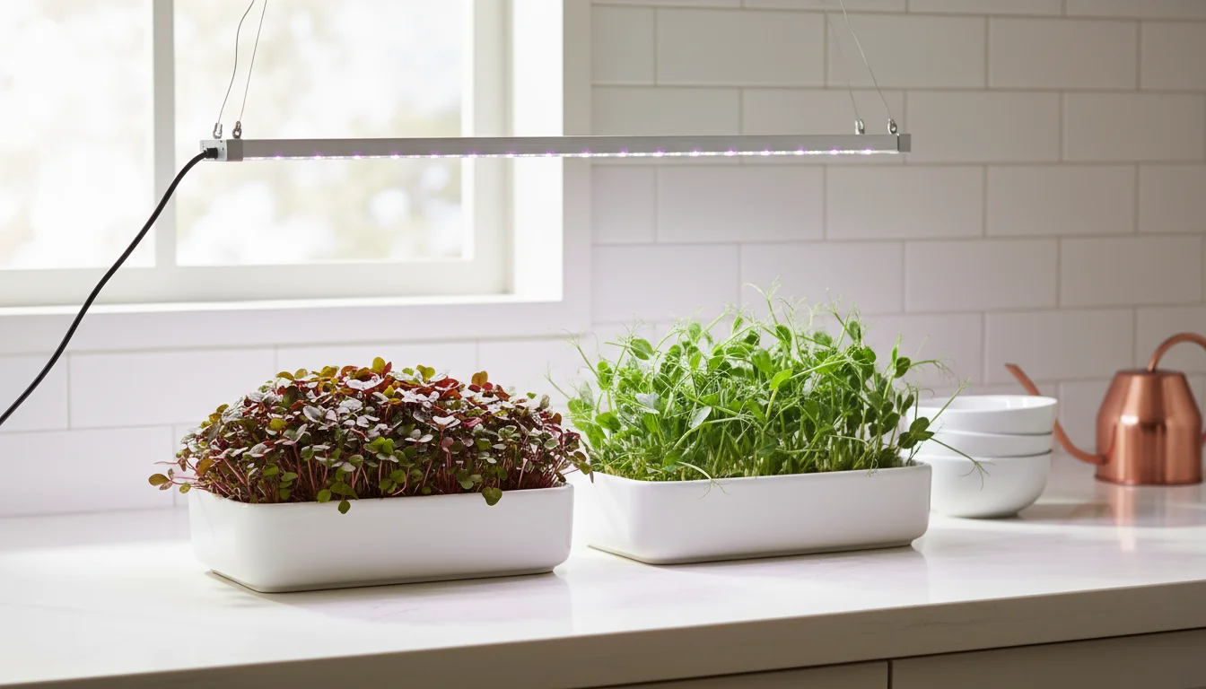 Modern kitchen counter setup with vibrant microgreen trays under a sleek LED grow light, with ample space for airflow.