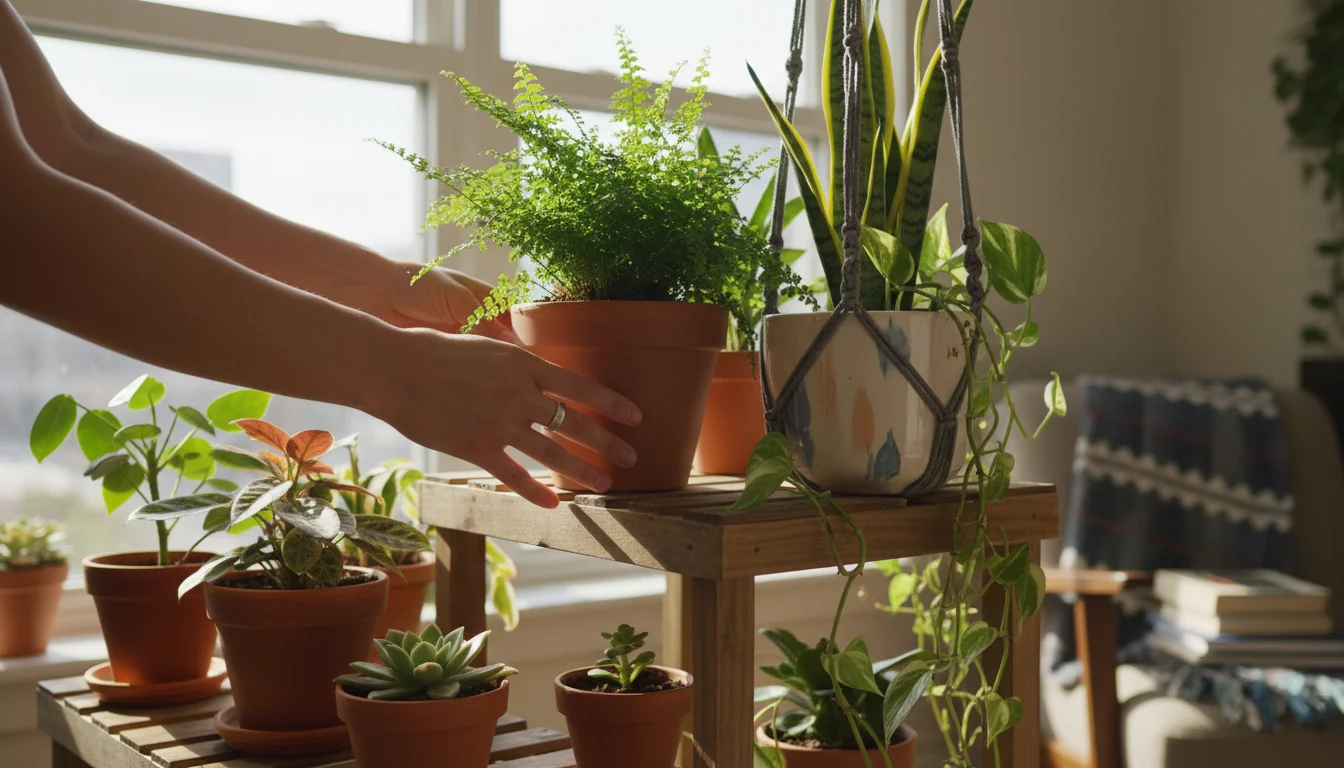 Person's hands gently arranging various potted houseplants like a fern and snake plant on a wooden stand in a sunlit room, demonstrating grouping.