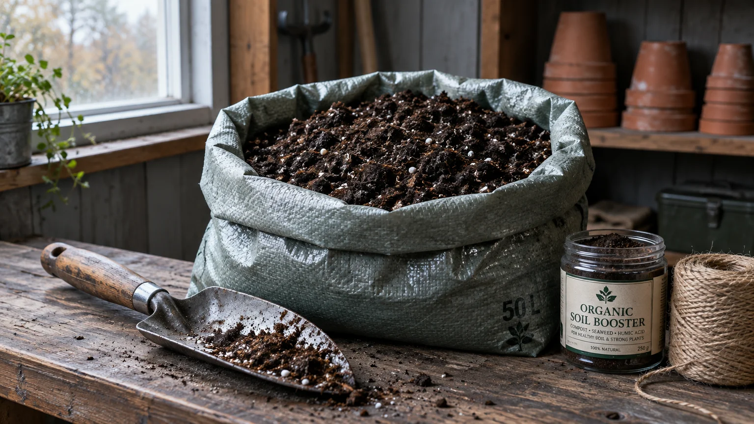 An open green sack filled with potting soil sits on a wooden workbench next to a trowel, twine, and organic soil booster.
