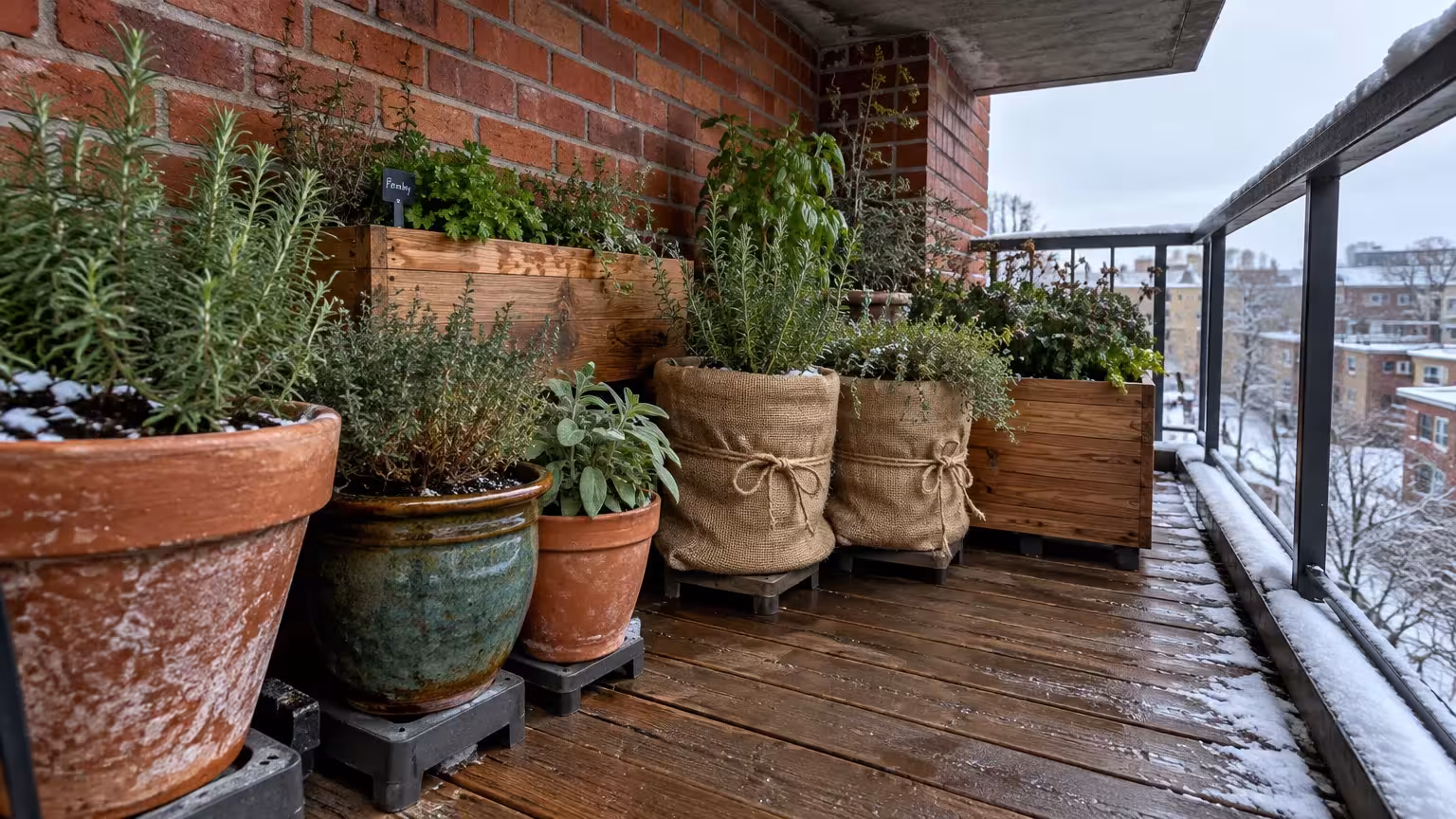 Potted herbs, some wrapped in burlap, clustered on a wooden balcony deck beside a brick wall in light snow.