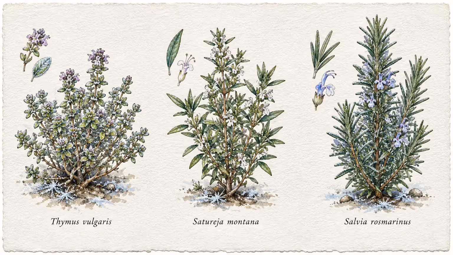 Botanical illustrations of Thymus vulgaris, Satureja montana, and Salvia rosmarinus with snow at their bases.