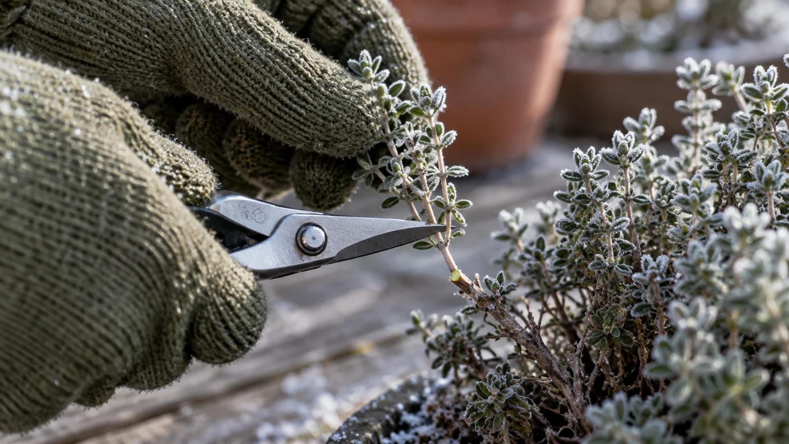 Gloved hands use metal shears to cut a frost-covered sprig of thyme growing in a potted herb container.