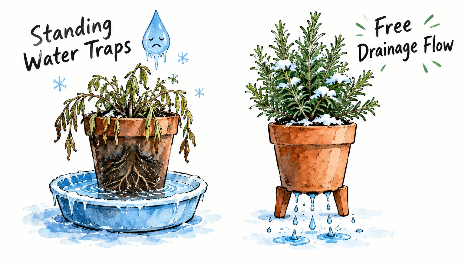 Illustration comparing a dying potted herb sitting in icy standing water against a thriving potted herb on pot feet with drainage.