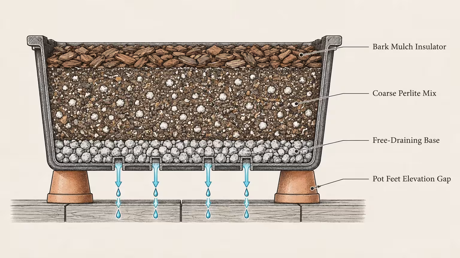 Cross section diagram of a planter showing layers of bark mulch, coarse perlite mix, gravel base, and drainage feet.