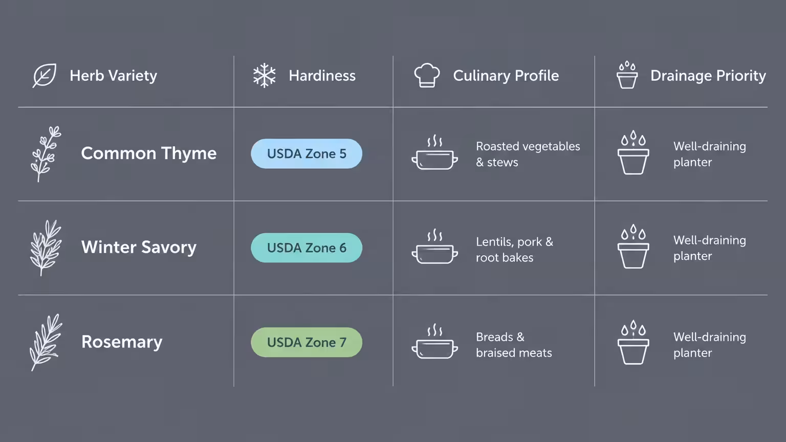 Table comparing hardiness, culinary profile, and drainage priority for Common Thyme, Winter Savory, and Rosemary.