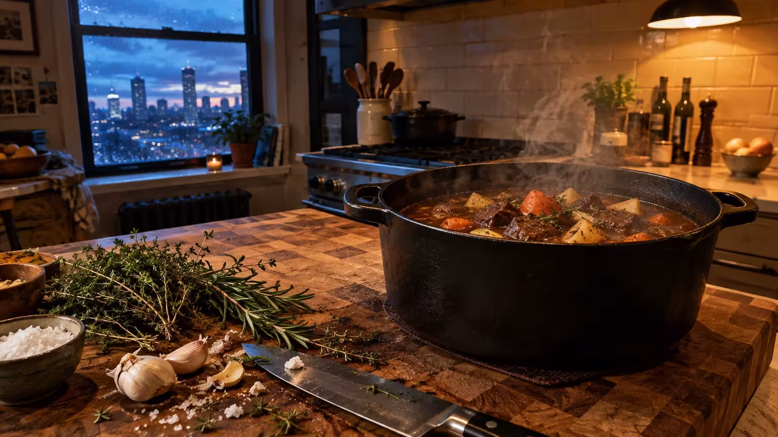Steaming stew in a cast-iron pot on a wooden counter with fresh rosemary, thyme, garlic, and a knife.