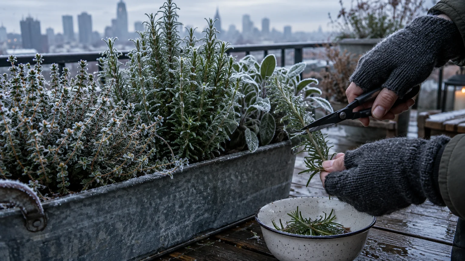 Gloved hands trim frosted rosemary from a metal planter box on a city balcony into a speckled bowl.